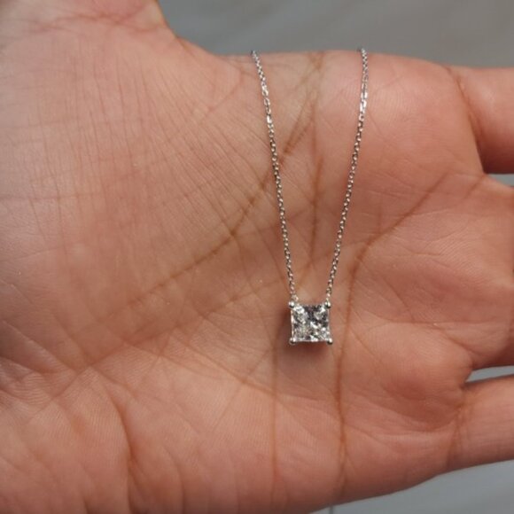 14Kt Gold 1 Ct Lab Grown Princess Cut Diamond Pendant Necklace - Picture 11 of 13